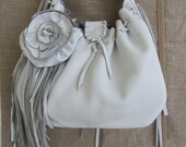 white leather handbag, shoulder purse, with flower, rose, fringe and ruffle by Tuscada. Made to order.