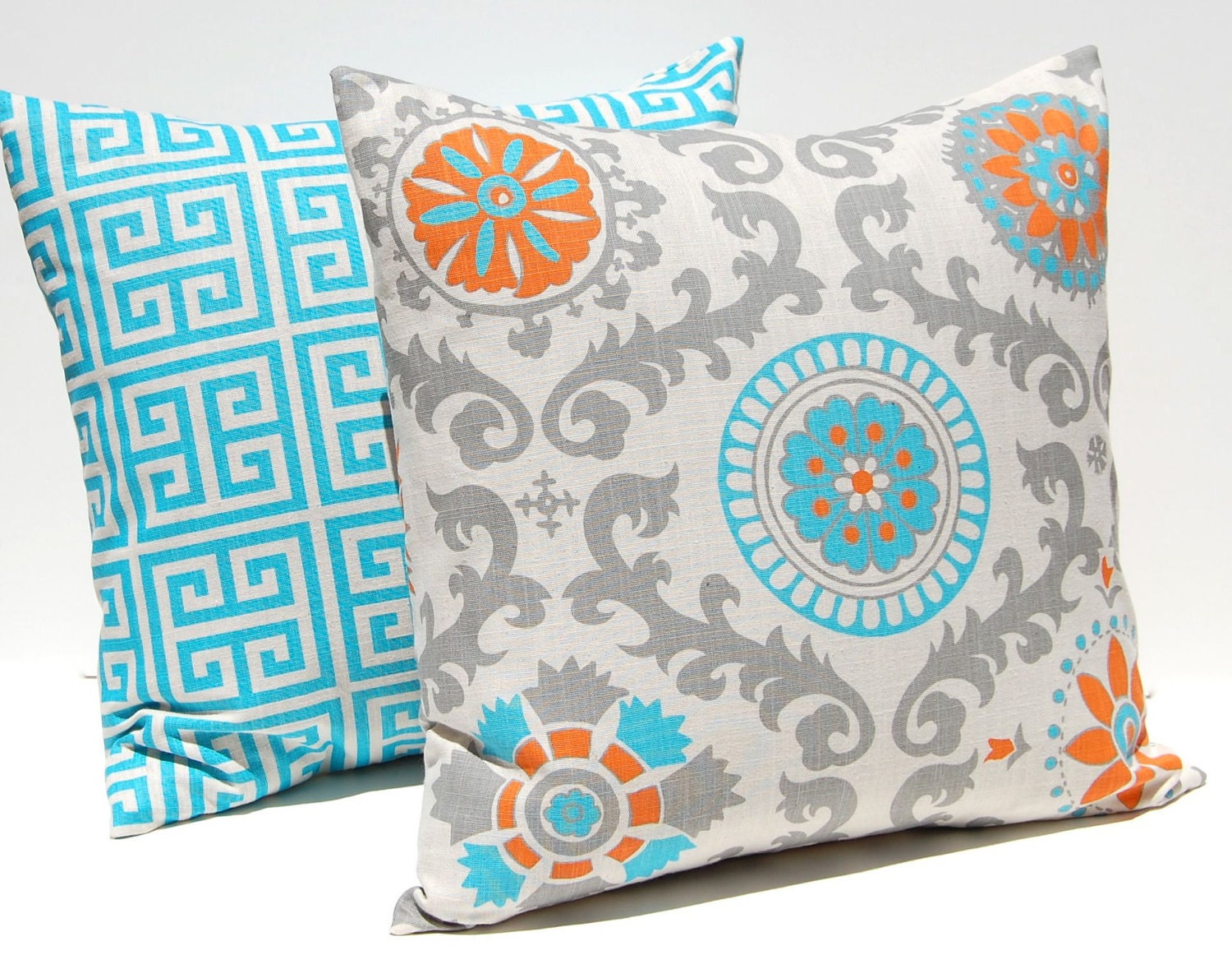 Decorative Throw Pillow Cover Orange and Turquoise on Natural 20 x 20 Inches - Chevron Pillows Greek Key Pillows