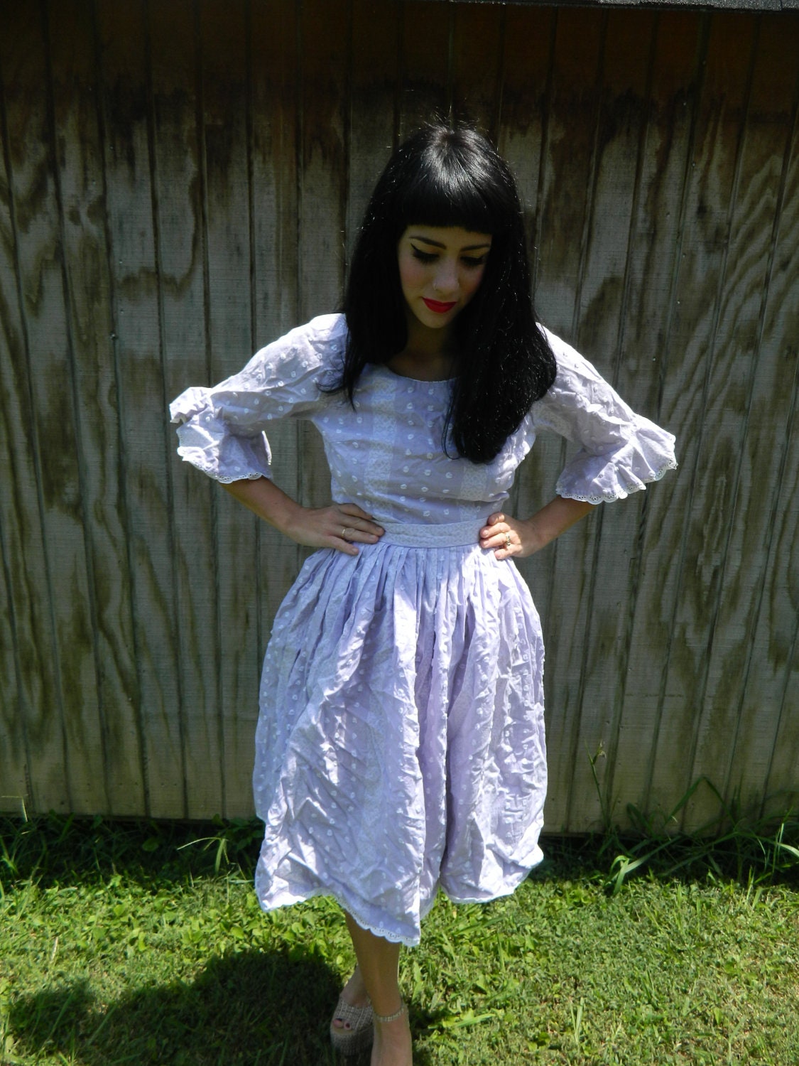20% off SALE Vintage 70s lilac and white swiss dot embroidered top skirt set