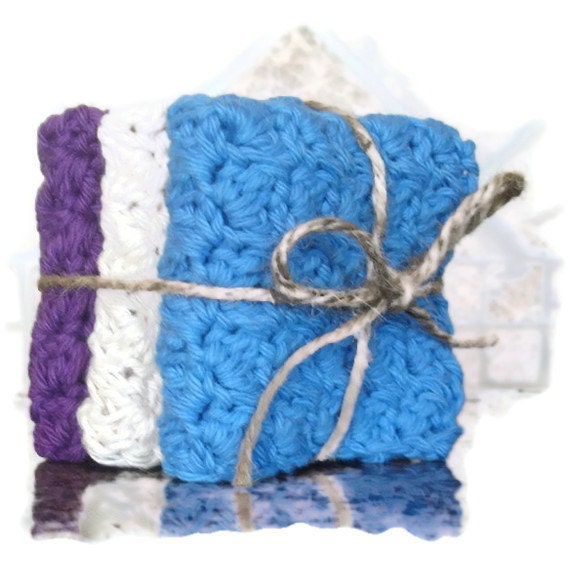100% Cotton Wash Cloth - Multi Color in Deep Purple, White, and Blue Crochet Dish Cloths