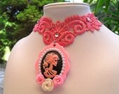 Gothic Lolita Baby Pink Lace Choker - Death by Cotton Candy - Lady Death Cameo Skeleton Lady Victorian Skull Baby Pink on Black - Kawaii