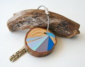 SUMMER SALE 20% OFF - wood keychain with stainless steel cable wire, tones of baby blue, blue, purple geometric triangle shapes