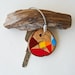 SUMMER SALE 20% OFF - wood keychain with stainless steel cable wire, tones of orange, red,blue and yellow geometric triangle shapes