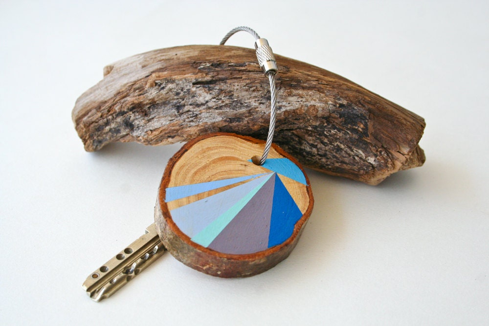 SUMMER SALE 20% OFF - wood keychain with stainless steel cable wire, tones of baby blue, blue, purple geometric triangle shapes