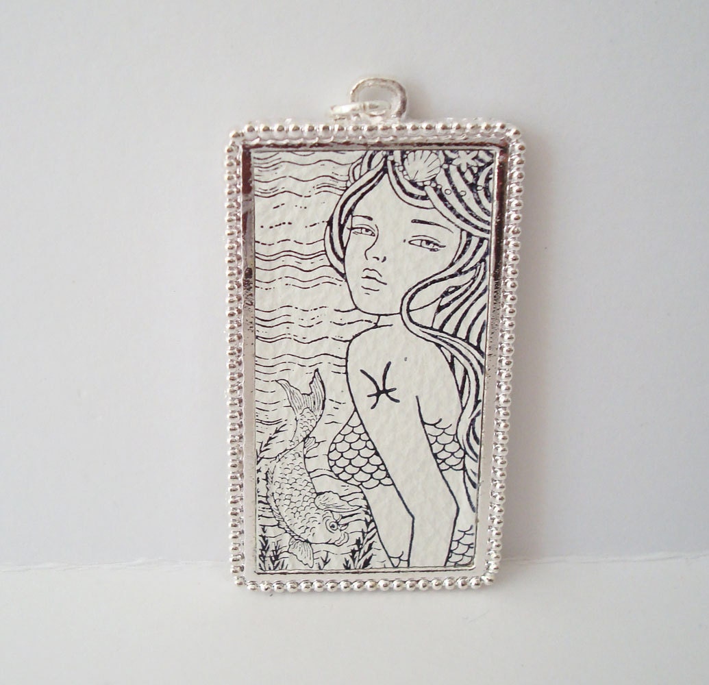 Pisces the Fish Necklace Rubber Stamped Leather Metal Bezel