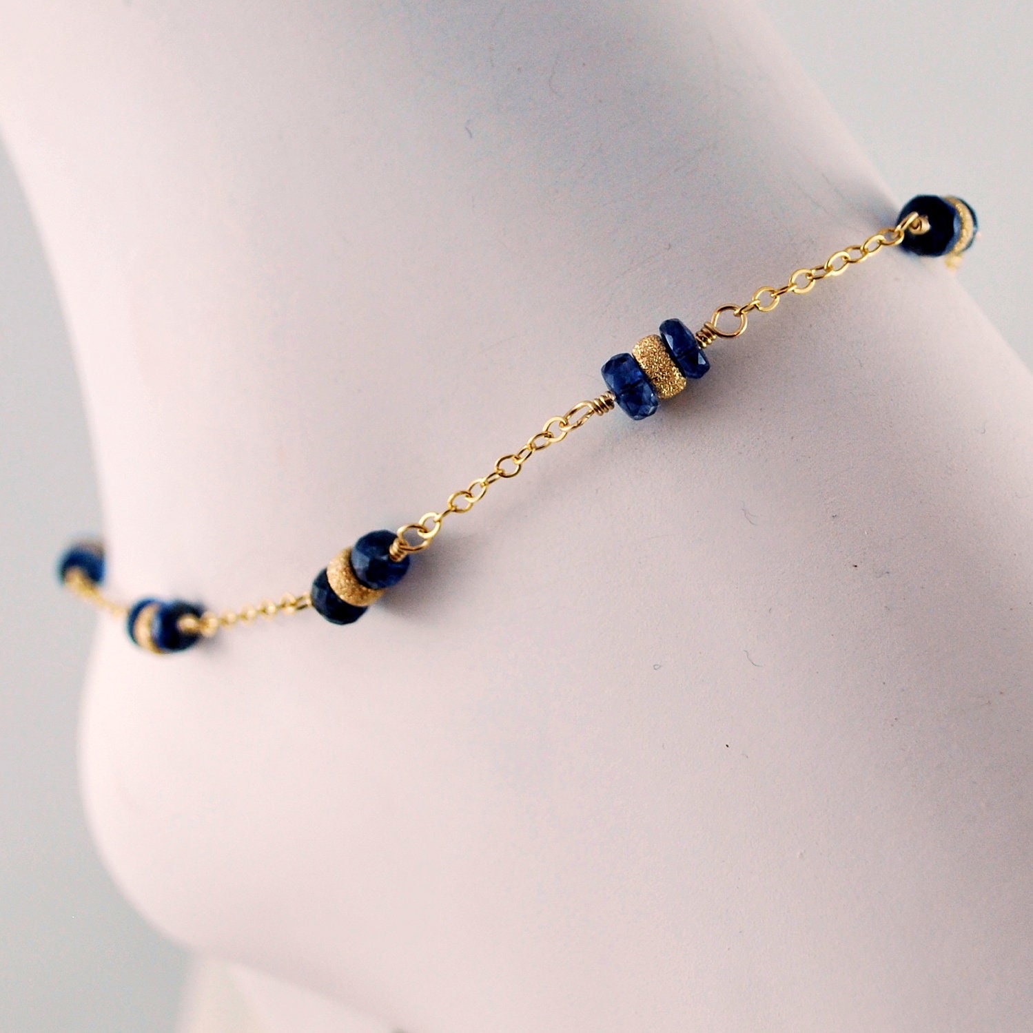 Kyanite Gemstone Nautical Anklet Monaco Blue Stardust Bead Delicate Chain Ankle Bracelet Gold Jewelry Complimentary Shipping