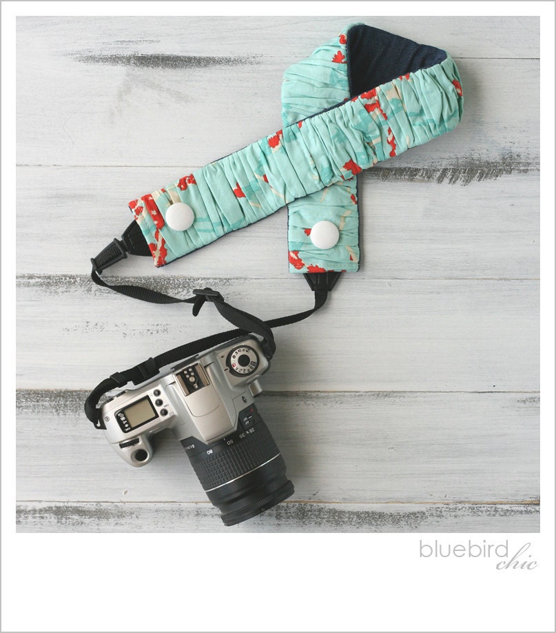 ruched camera strap cover - lakeside in the rain