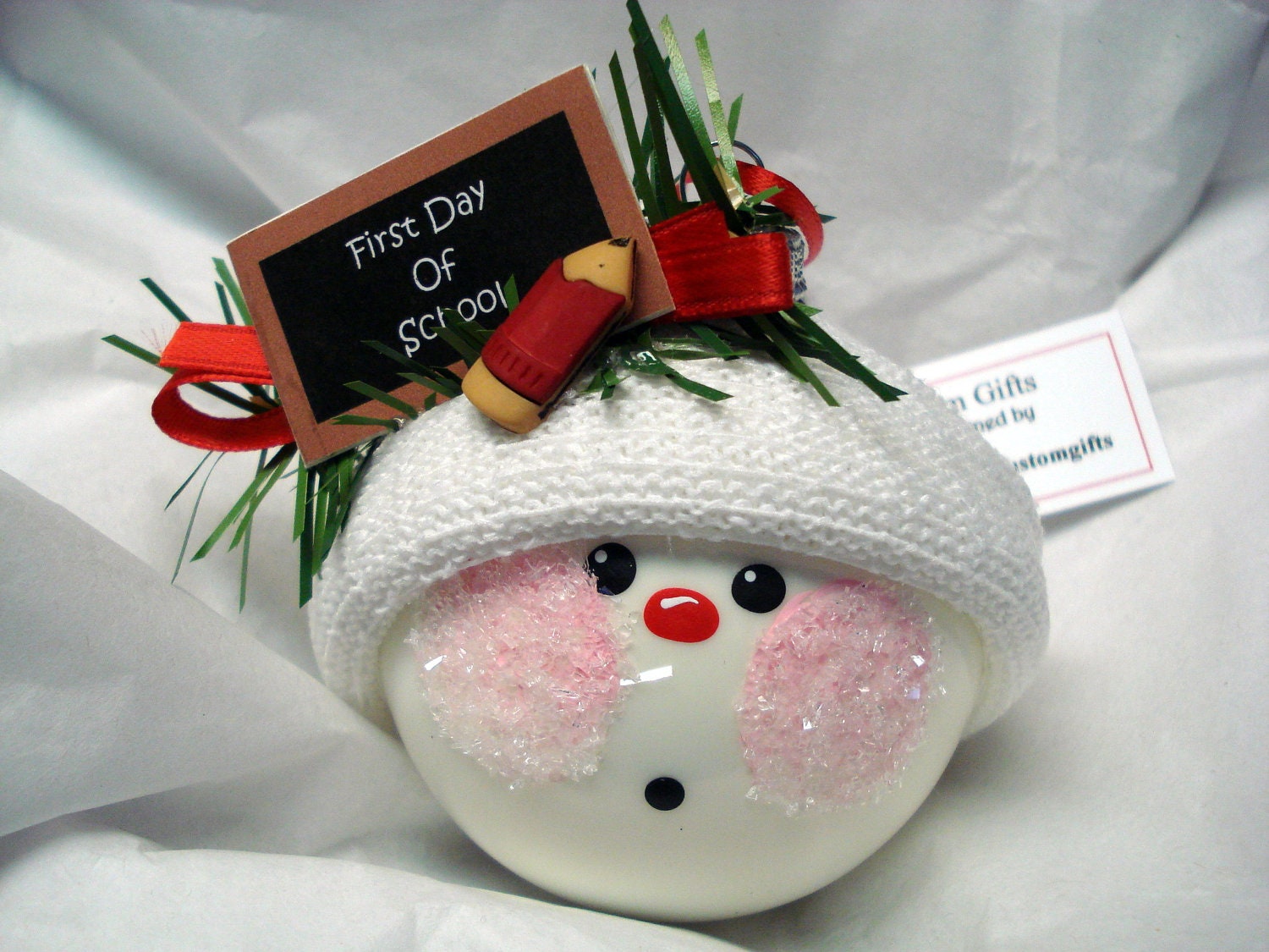 First Day of School Snowman Ornament Christmas Tree Bulb Hand Painted Glass Snowball Face Personalized
