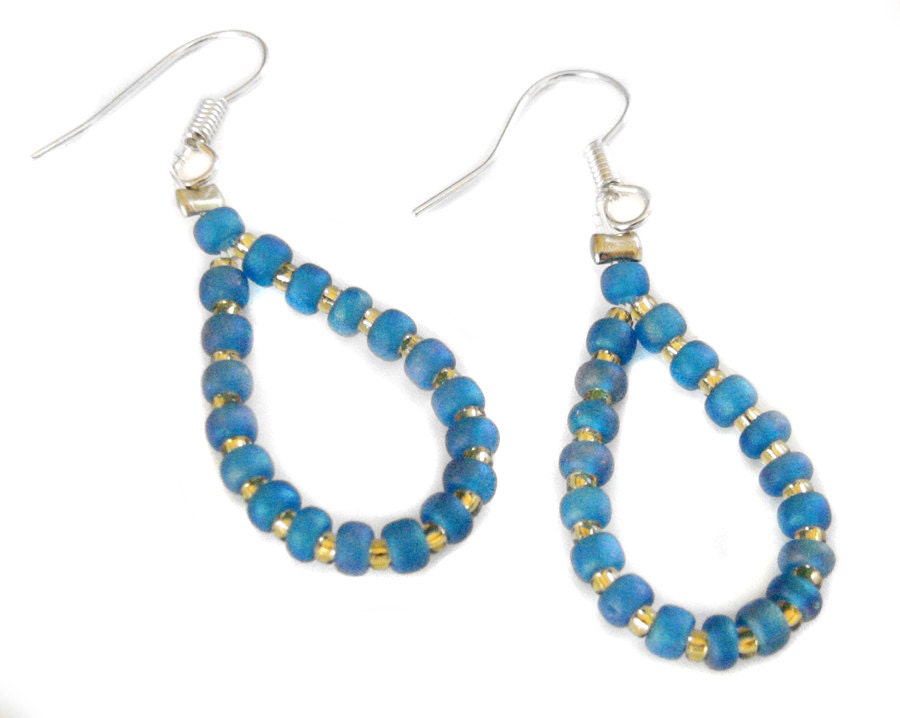 Golden Skies earrings - blue and gold round glass beads, sterling silver earwire