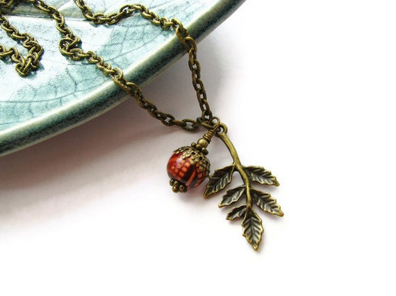 Acorn Necklace in Antique Brass with Wood Bead and Oak Branch Charm - Autumn Acorn - heversonart
