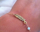 Feather bracelet-14k gold filled feather charm bracelet