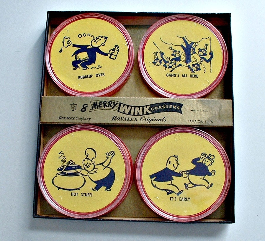 Vintage Coasters Cartoon  Set of 8 in Original Box Merry Wink  by Ronalex Originals Man Cave