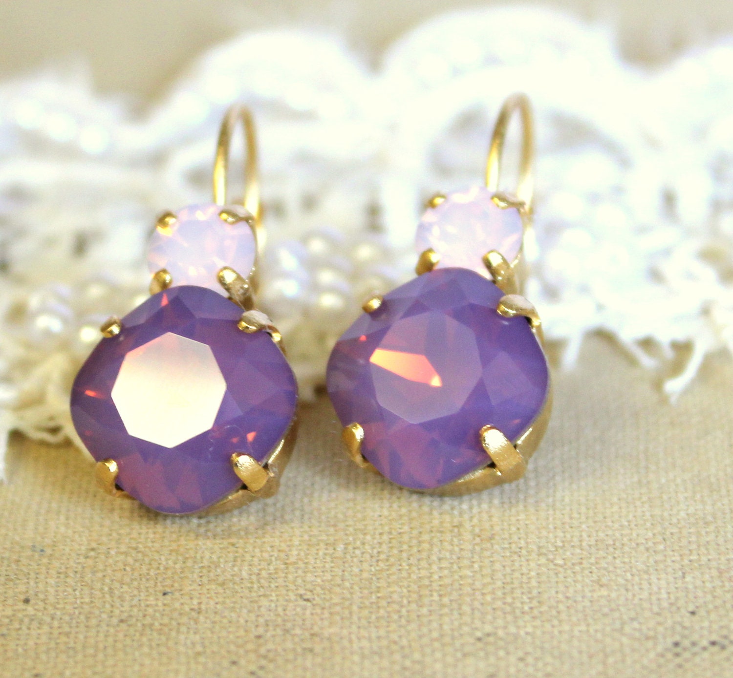 Purple and pink crystal earring -  classic earrings 14k plated gold real swarovski rhinestones .