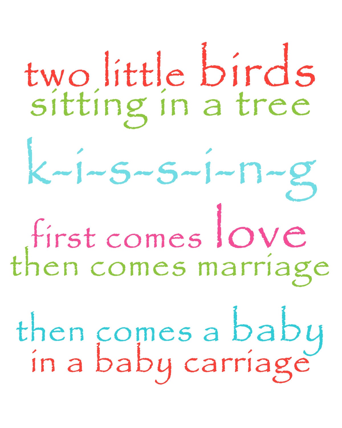 Two little birds print - kissing- Love - marriage - baby carriage - modern nursery - pink coral aqua -Ready to ship