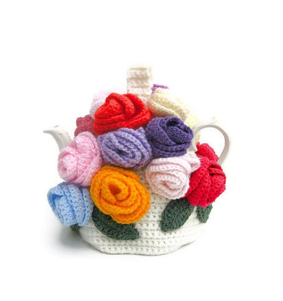 Crochet teapot cosy rose flowers cottage cozy tea warmer in bright colors