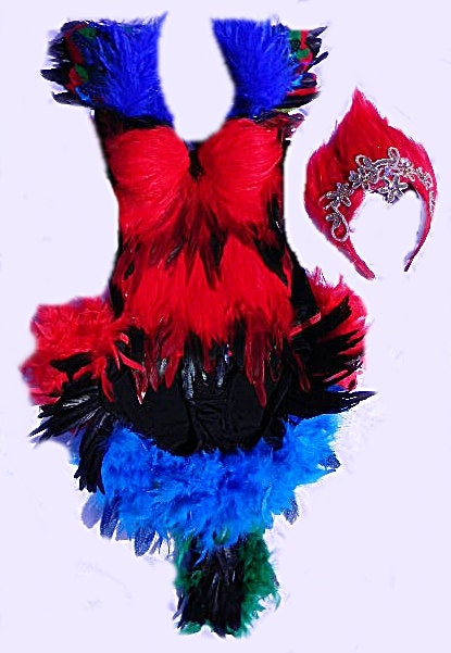Sexy Scarlet Macaw  Costume Corset/Booty Shorts Fantail/HEADDRESS CUSTOM Made 4U