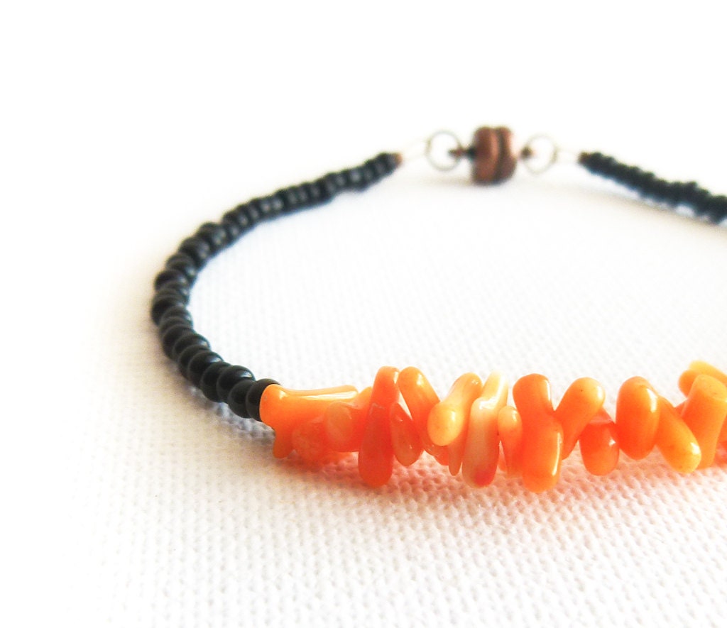 Orange black beaded ankle bracelet tiny seed beads tribal fashion jewelry, boho sexy foot jewelry