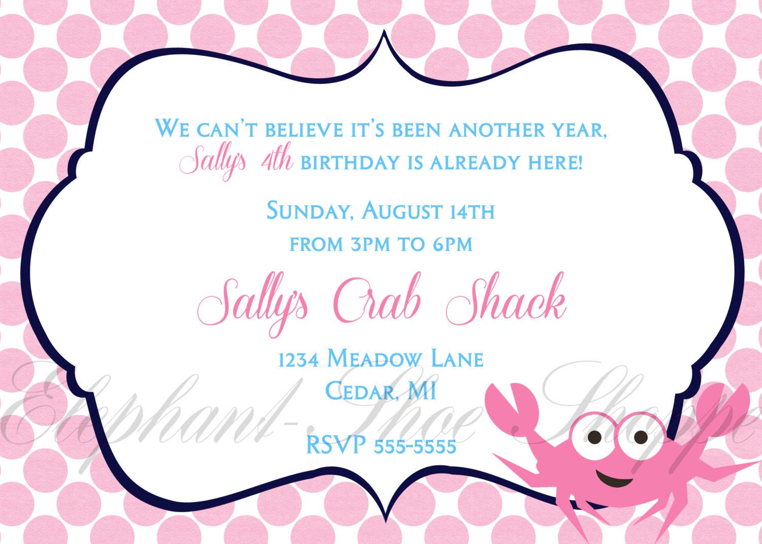Girl Crab Shack Birthday Invitation - Digital file pdf - 5x7