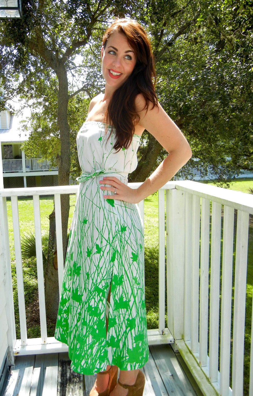 1960's Vintage Green and White Grass Printed Dress or Skirt - Reconstructed Vintage