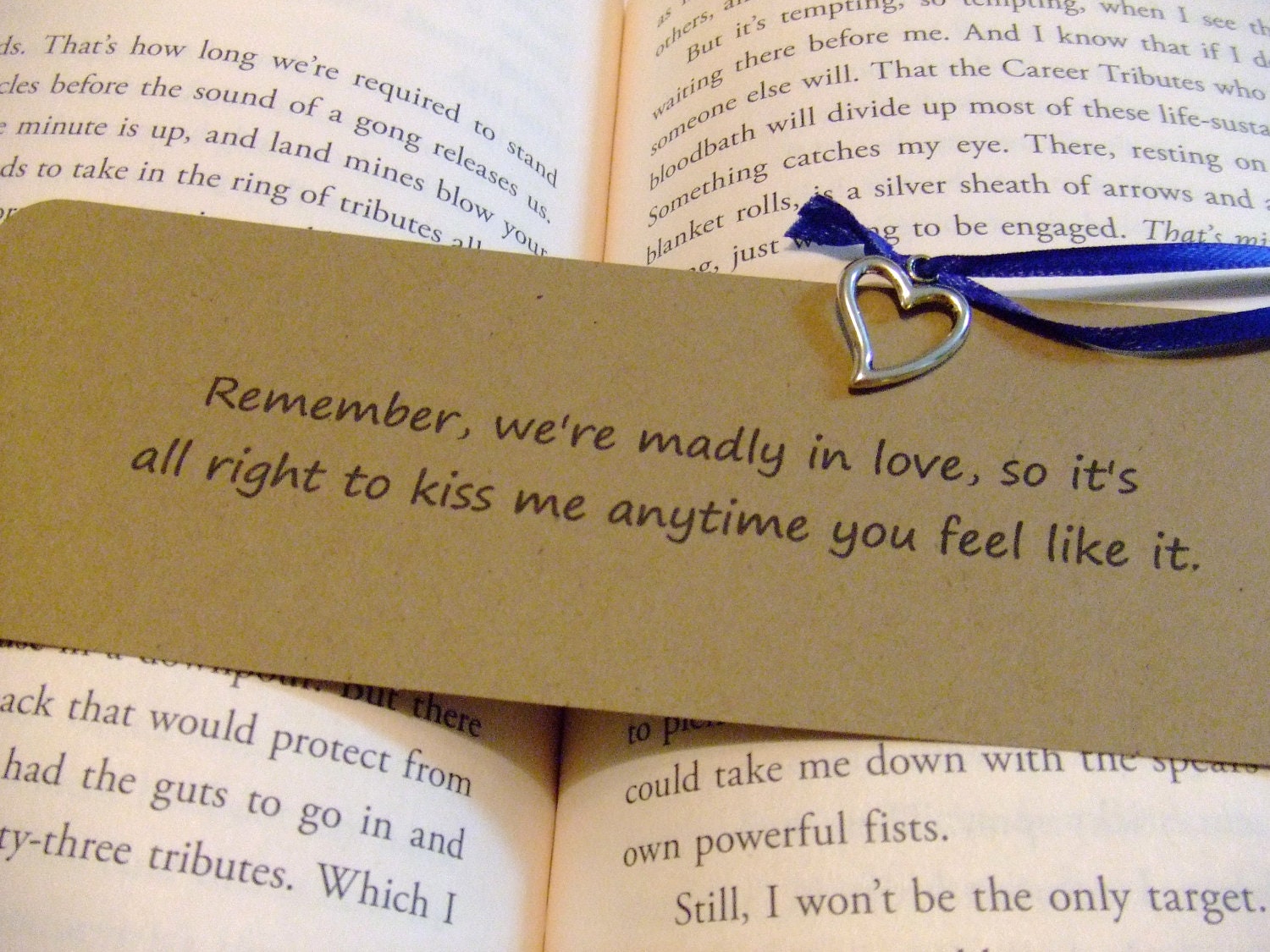 Katniss Kiss Peeta  - Hunger Games Quote - Heart Charm Bookmark