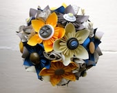Paper Flower Bouquet - Wedding, Grey, Yellow Blue, Kusudama, Book Page Paper Rose