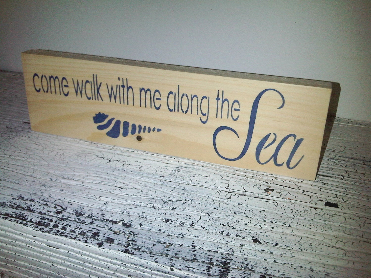 Beach Wedding Beach House Decor "Come walk with me along the Sea" 4x12 navy on pine wood sign