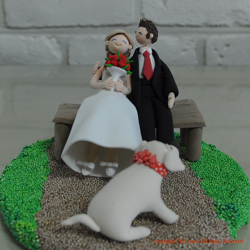 Couple on the bench with dog custom wedding cake topper decoration