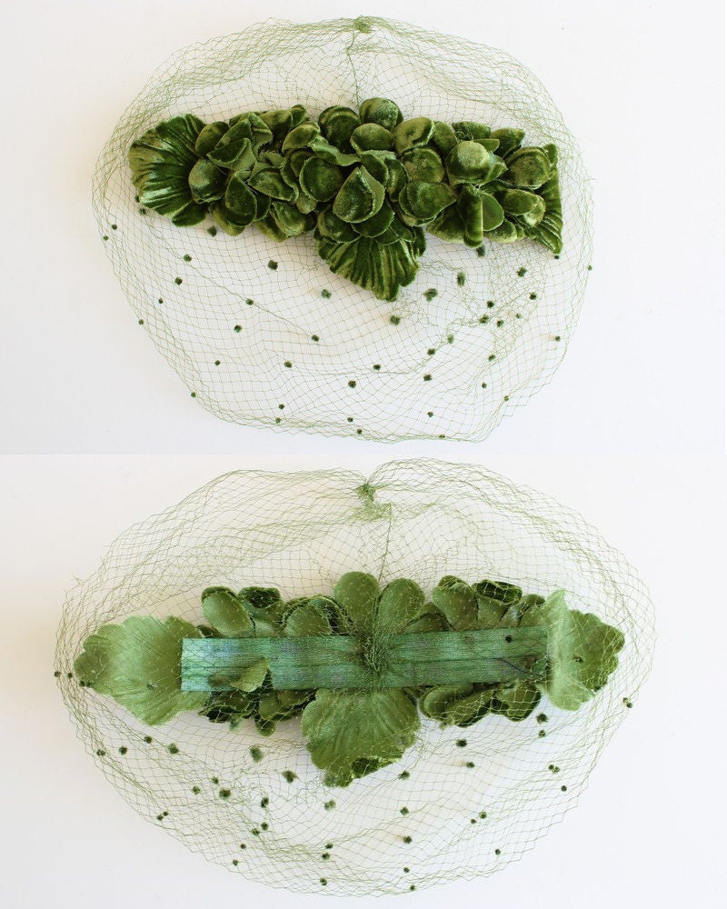 1940s Birdcage Veil Fascinator Hat, Green Velvet Flower Hat Bird Cage Veil, One Size