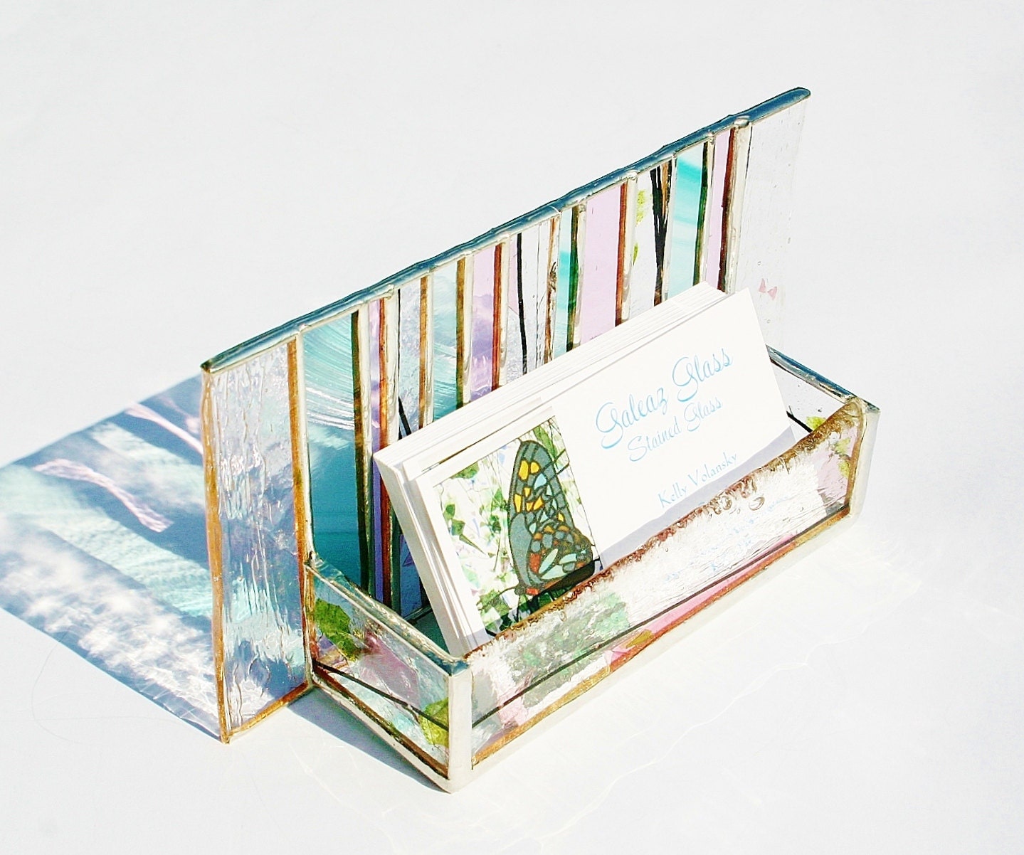 Stained Glass Business Card Holder Pink Green Confetti Art Glass Office Desk Accessory Handmade OOAK Striped