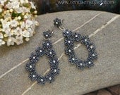 Floral Lace Earrings: Daisy Teardrop Shape Earrings in Iridescent Black with Swarovski Crystal AB and Silver Posts