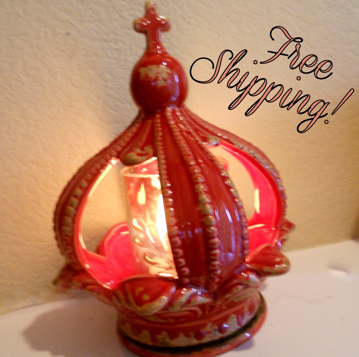 Red Crown Ceramic Accent Lamp- Night Light - Home Decor