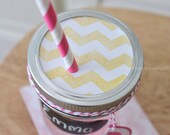 Mason Jar LIDS Set of 10 Drink Tumblers Cups Glasses Yellow Chevron Stripe Kids Birthday Party Wedding Baby Bridal Shower Favors