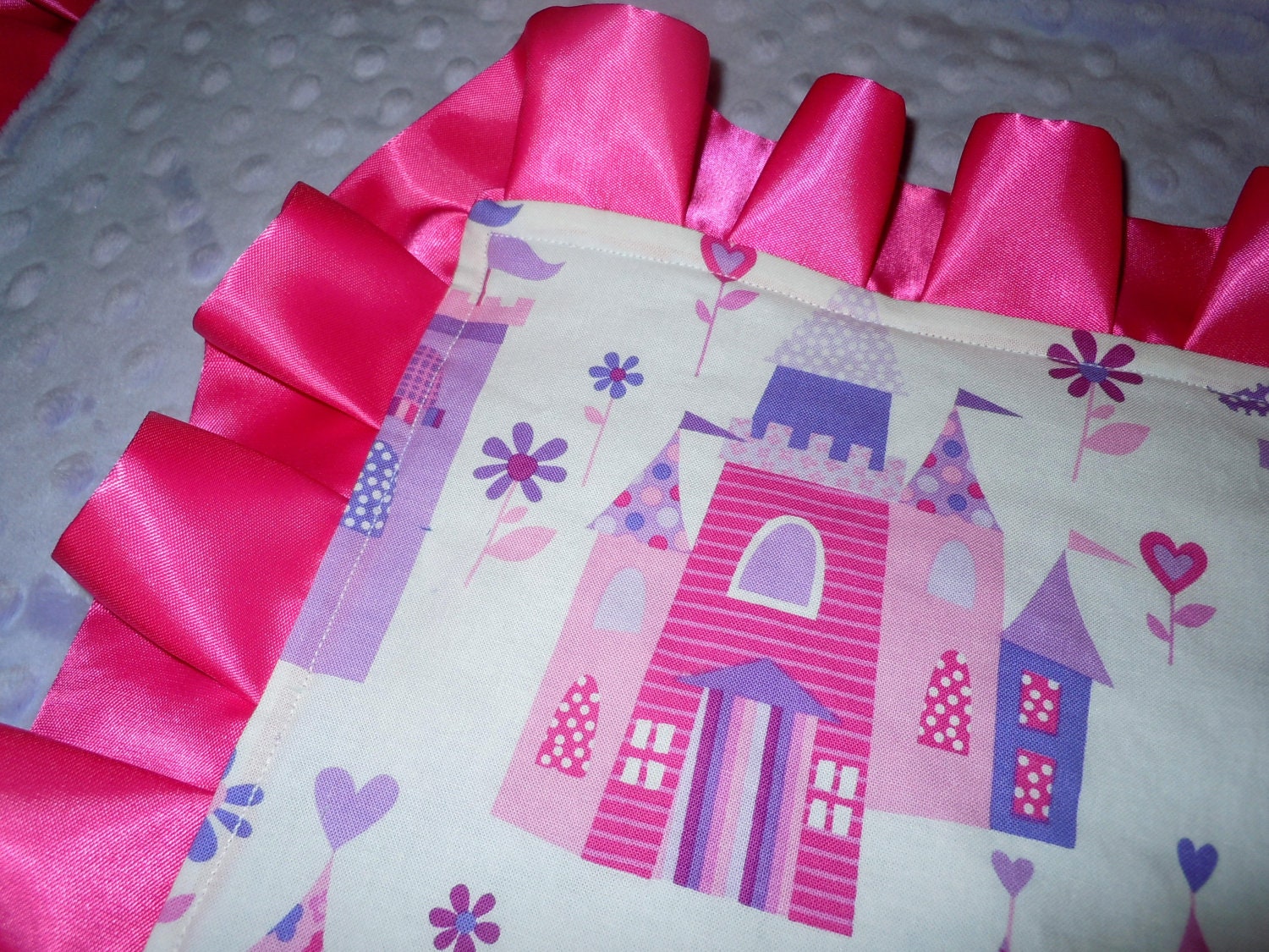 CUSTOM for DandPsmamma - Princess Castle Minky Binky with satin ruffle