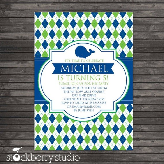 Preppy Blue Whale Argyle Printable Birthday Invitation party 5x7 invitation or Baby Shower Il_570xn