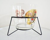 Mid Century Modern Vintage Glass Rooster Decor Bowl with Display Stand Ice Bucket Dish Barware Hostess Gift Gold Red Black