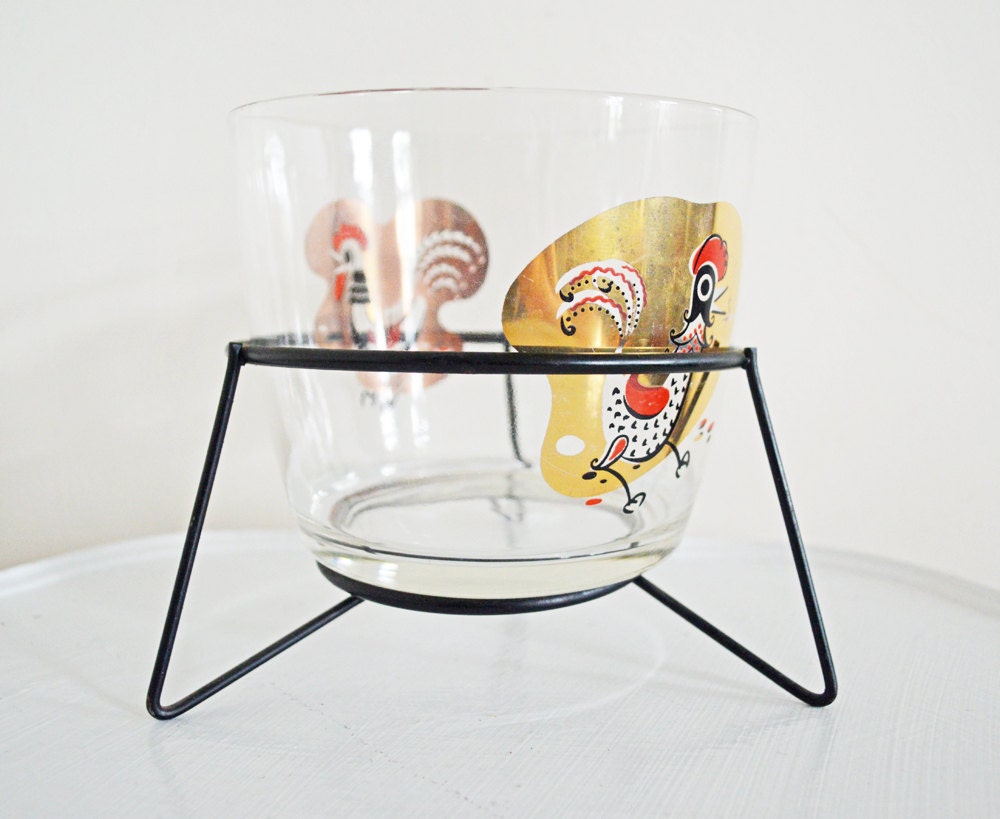 Mid Century Modern Vintage Glass Rooster Decor Bowl with Display Stand Ice Bucket Dish Barware Hostess Gift Gold Red Black