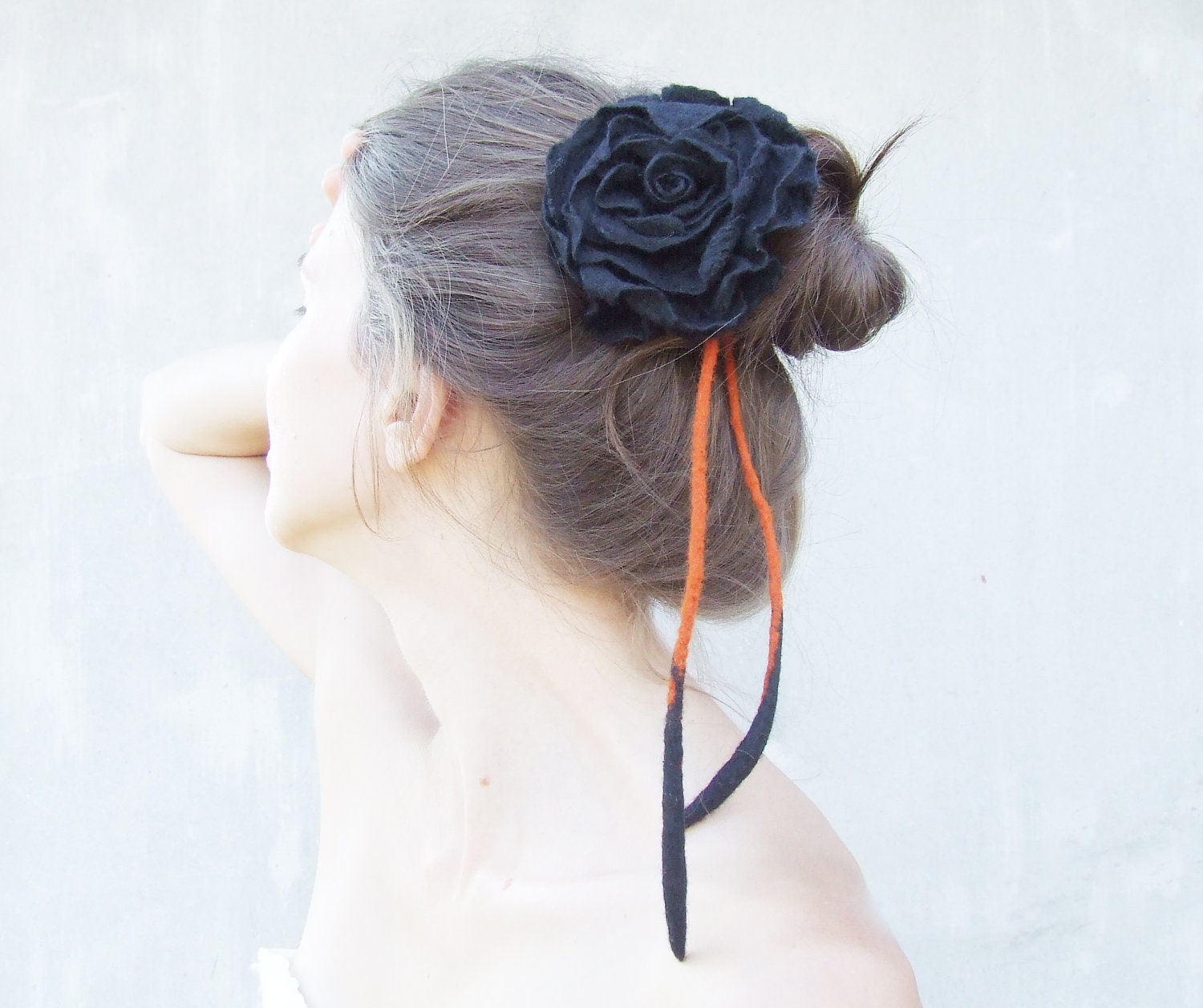 4 in 1 black and orange felted flower with cord: necklace, belt, bracelet and hair accessories rose beauty