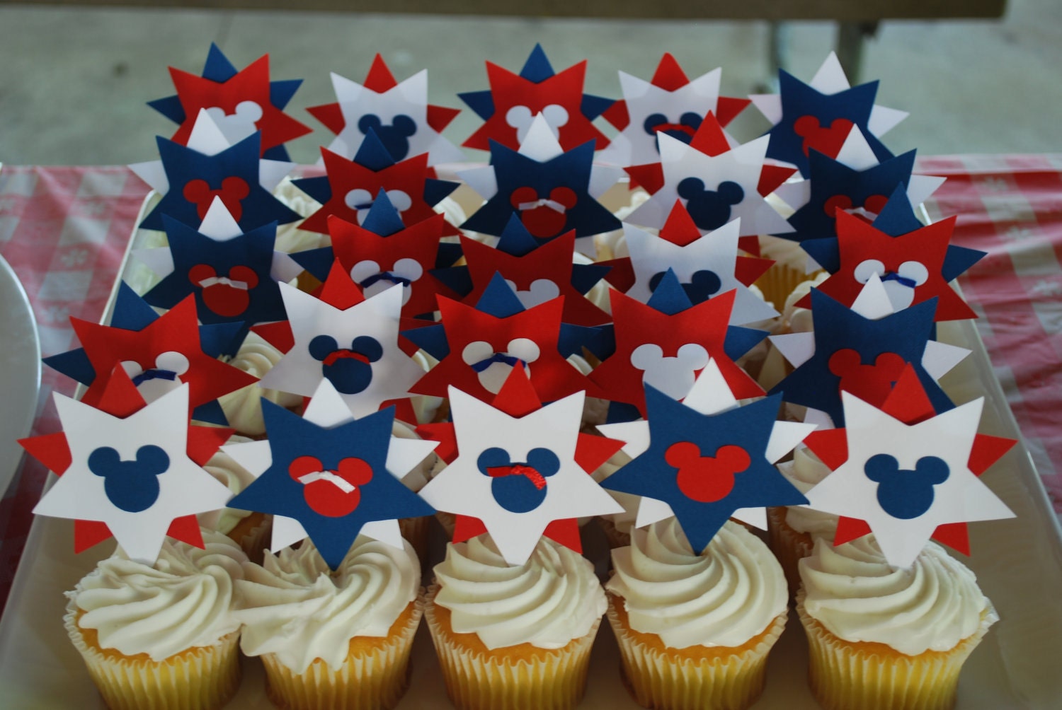 Mickey Mouse inspired starburst cupcake toppers, cake toppers, Disney 12 in Red, White & Blue, Minnie Mouse, party decor