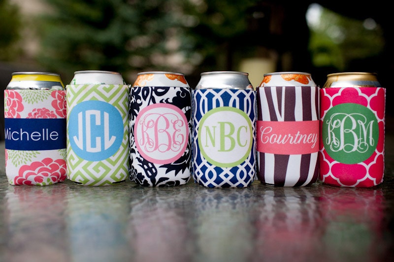 monogrammed drink koozie - choose one from 6 template designs, customize name/initials only