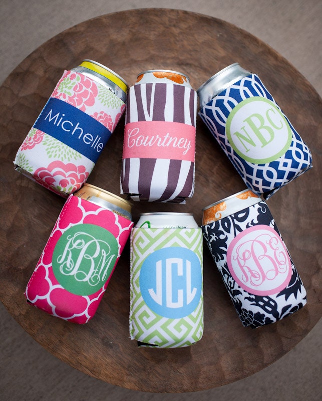 monogrammed drink koozie - choose one from 6 template designs, customize name/initials only
