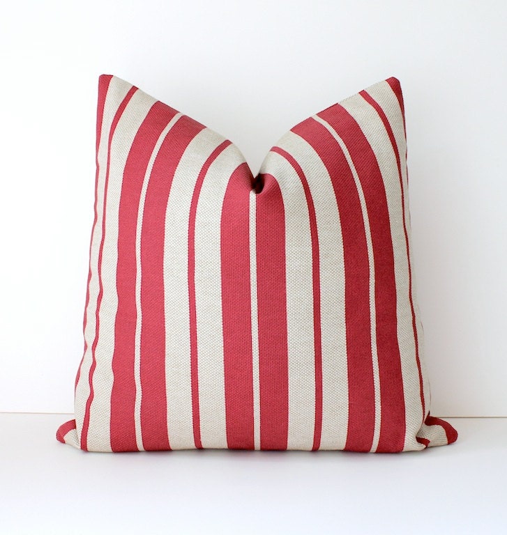 Striped nautical red Designer Pillow Cover 18 tan taupe Accent Cushion Modern Farmhouse cottage chic stripes christmas