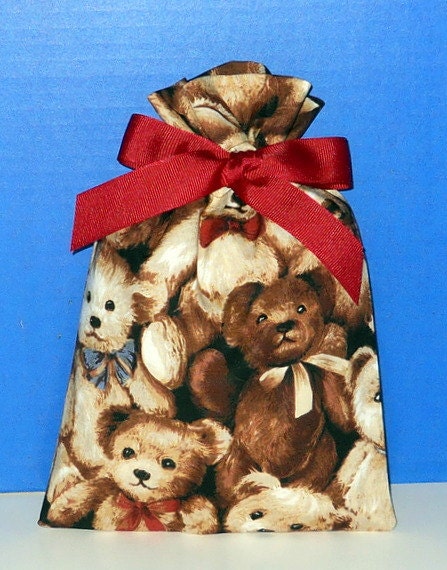 Teddy Bear Small Fabric Gift Bag - Children s Toy, Stuffed Animal, Brown, Tan, Beige, Red, Blue, All Occasion