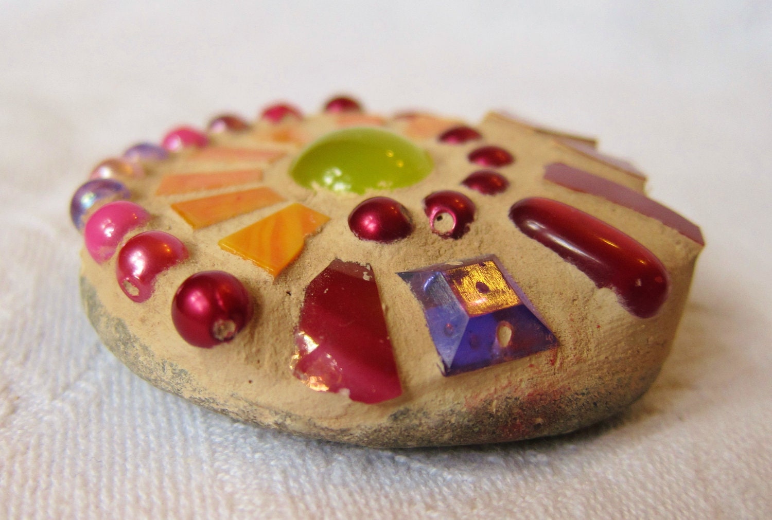 Mini Mosaic Stone, good luck stone, yellow and red