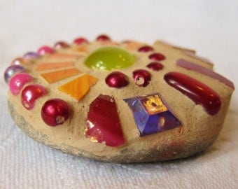 Mini Mosaic Stone, good luck stone, yellow and red