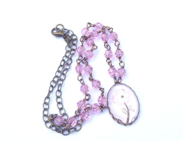 Shabby Chic Style Necklace.  Swarovski Beads.  Flower Pendant.