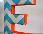 LETTER WALL ART - Fabric Letter E in Blue Chevron with Orange Ribbon