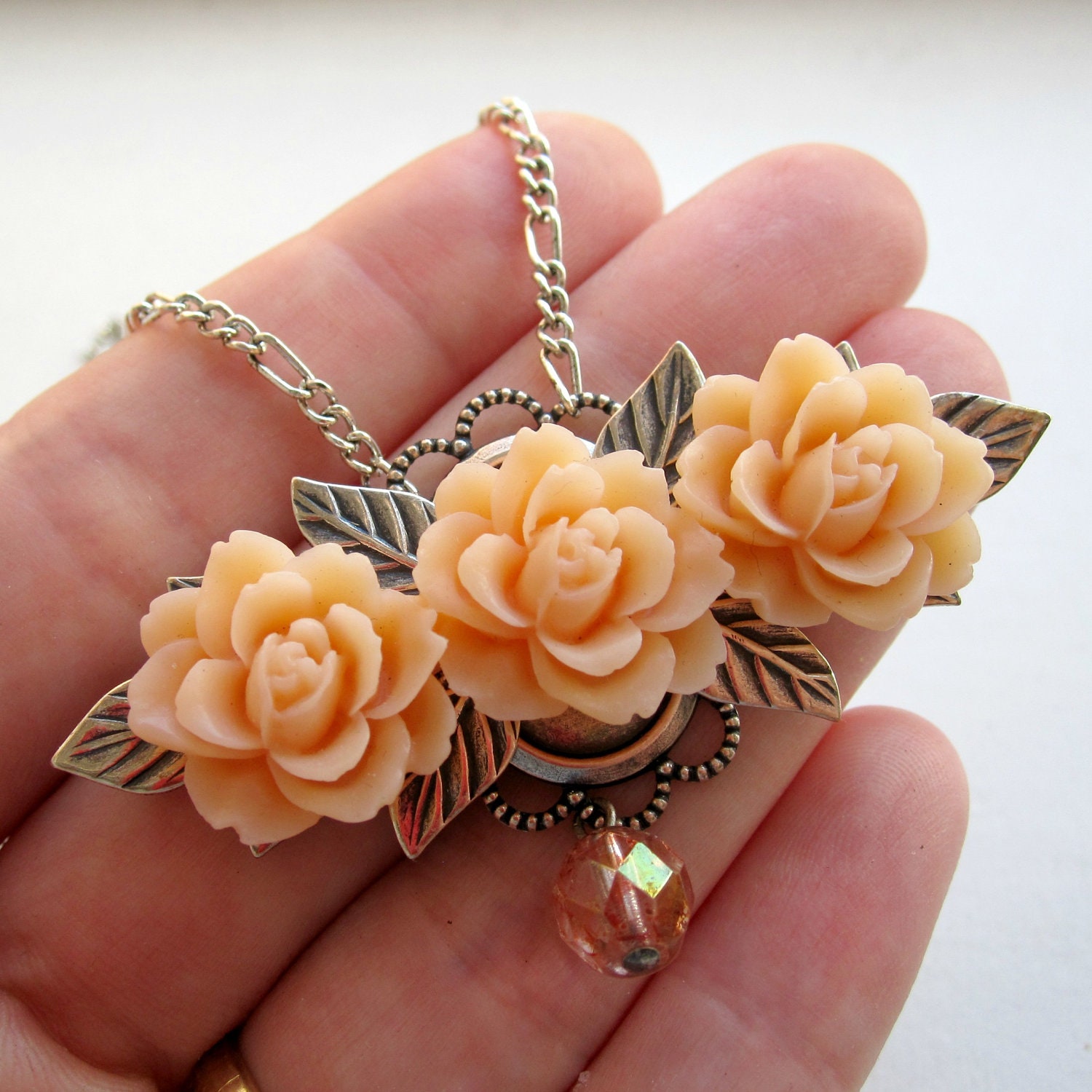 Flower Necklace - Peach - Blush - Bridal Jewelry - Silver Necklace - Romantic - Floral Necklace - Roses