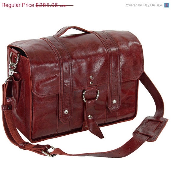 Summer Sale 14x6 Italian leather Diaper Bag NEW: 2Z - Ruby Red Color - Georgetown Style  - Handmade in the U.S.A - with leather shoulder st