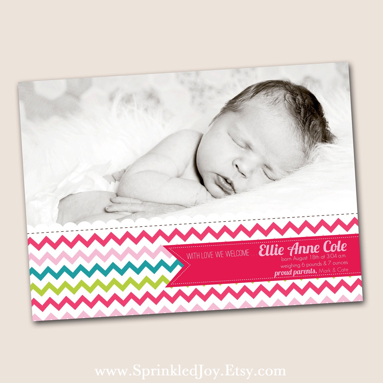 Chevron Baby Girl Birth Announcement - Bright and Cheerful - In 4x6, 5x7 or 6x7.5 - DIGITAL file, print anywhere