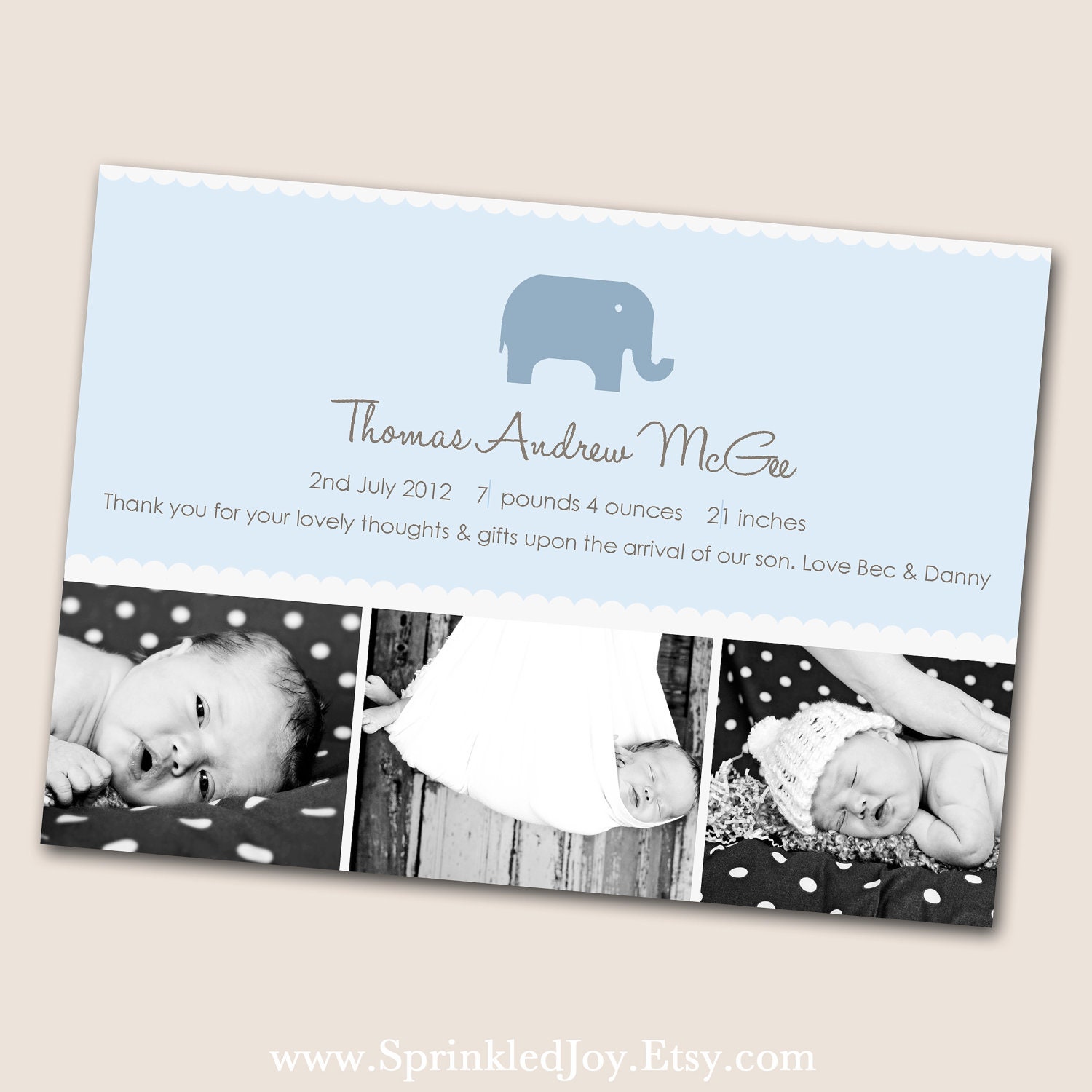 Adorable Baby Boy Birth Announcement, in pink 4x6, 5x7 or 6x7.5 DIGITAL file, with 3 photo slots and an cute elephant, print anywhere